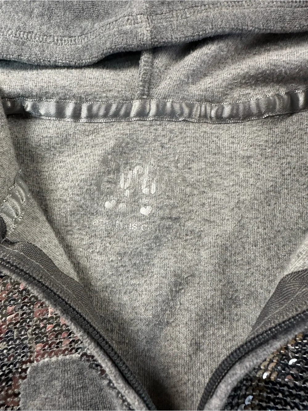 Justice Gray Velour Zip Hoodie with Sequin Heart size 16 girls